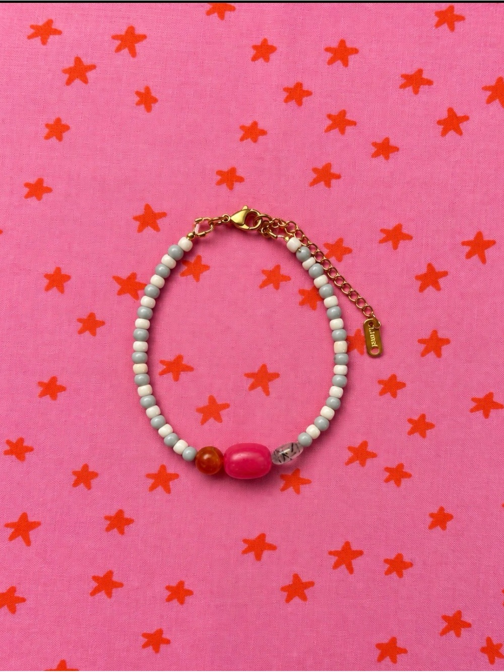 Handmade White Beaded Bracelet with Pink and Orange Accents - Gold Hardware